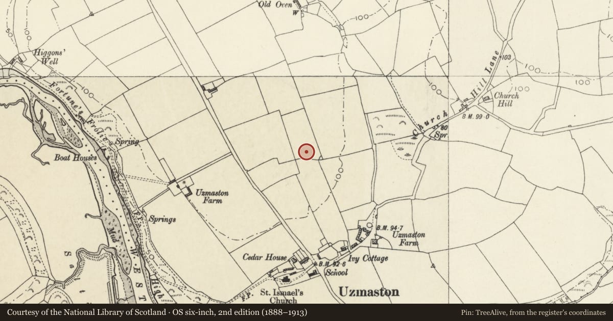 Ordnance Survey six-inch map, 2nd edition (1888–1913) covering the location of Uzmaston Round Barrow, Uzmaston, Boulston and Slebech, Pembrokeshire, with a pin at the register's coordinates