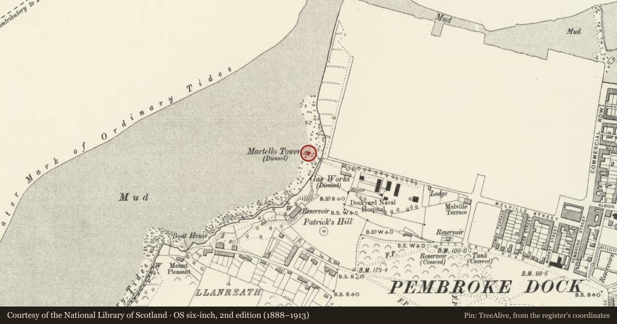Ordnance Survey six-inch map, 2nd edition (1888–1913) covering the location of South West Dockyard Tower, Pembroke Dock, Pembrokeshire, with a pin at the register's coordinates