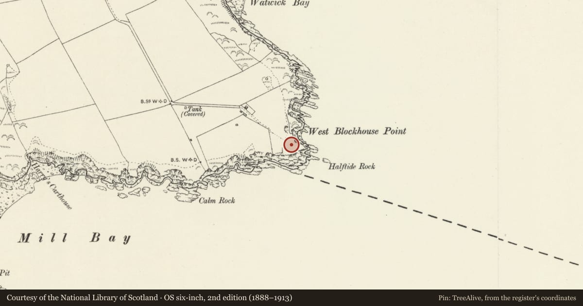 Ordnance Survey six-inch map, 2nd edition (1888–1913) covering the location of West Blockhouse Fort, Dale, Pembrokeshire, with a pin at the register's coordinates