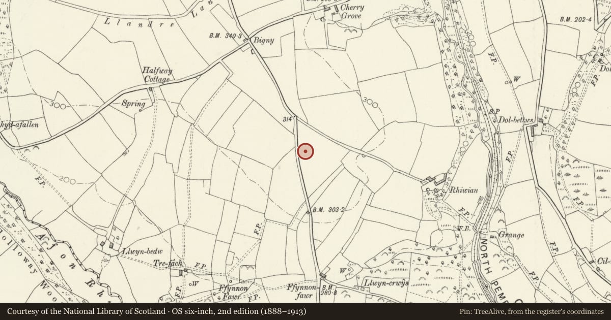 Ordnance Survey six-inch map, 2nd edition (1888–1913) covering the location of Rhiwiau Round Barrow, Maenclochog, Pembrokeshire, with a pin at the register's coordinates