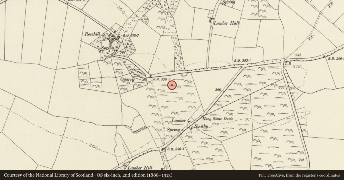 Ordnance Survey six-inch map, 2nd edition (1888–1913) covering the location of Lamber Round Barrow, The Havens, Pembrokeshire, with a pin at the register's coordinates