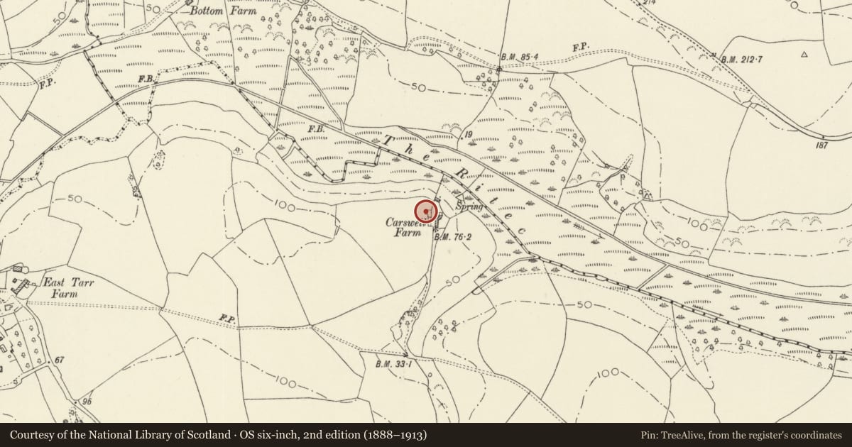Ordnance Survey six-inch map, 2nd edition (1888–1913) covering the location of Carswell Medieval House, Penally, Pembrokeshire, with a pin at the register's coordinates