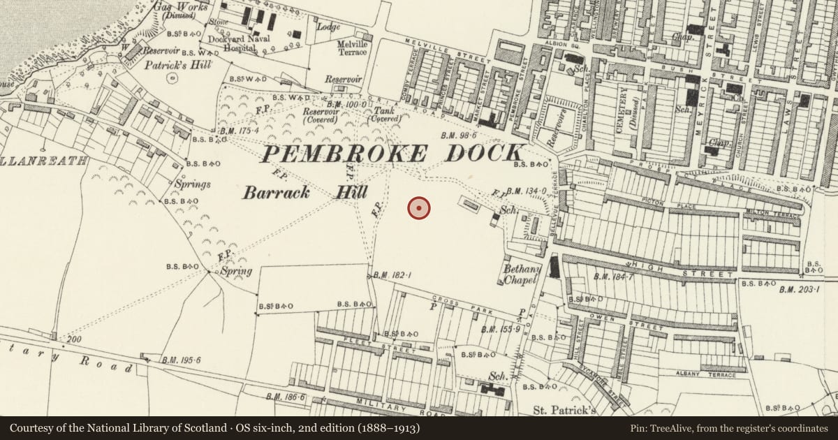 Ordnance Survey six-inch map, 2nd edition (1888–1913) covering the location of Defensible Barracks, Pembroke Dock, Pembrokeshire, with a pin at the register's coordinates
