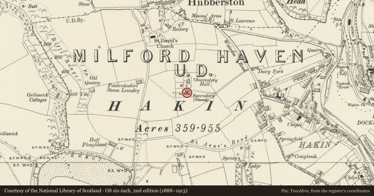 Ordnance Survey six-inch map, 2nd edition (1888–1913) covering the location of Hakin Observatory, Milford Haven, Pembrokeshire, with a pin at the register's coordinates