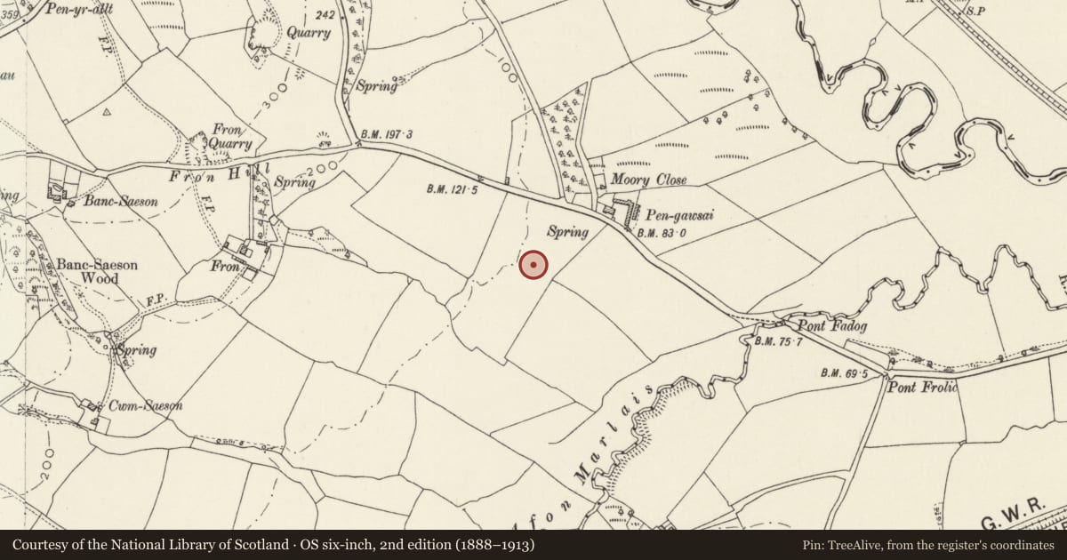 Ordnance Survey six-inch map, 2nd edition (1888–1913) covering the location of Pengawse Medieval House Site, Llanddewi Velfrey, Pembrokeshire, with a pin at the register's coordinates