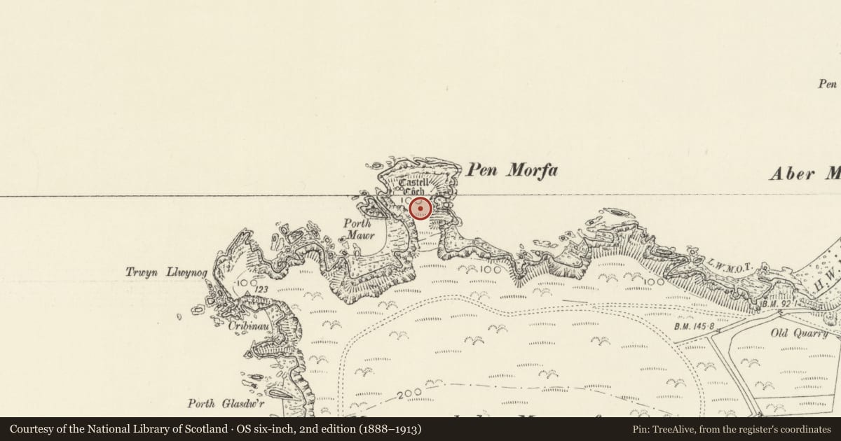Ordnance Survey six-inch map, 2nd edition (1888–1913) covering the location of Castell Coch Promontory Fort (on Penmorfa), Mathry, Pembrokeshire, with a pin at the register's coordinates