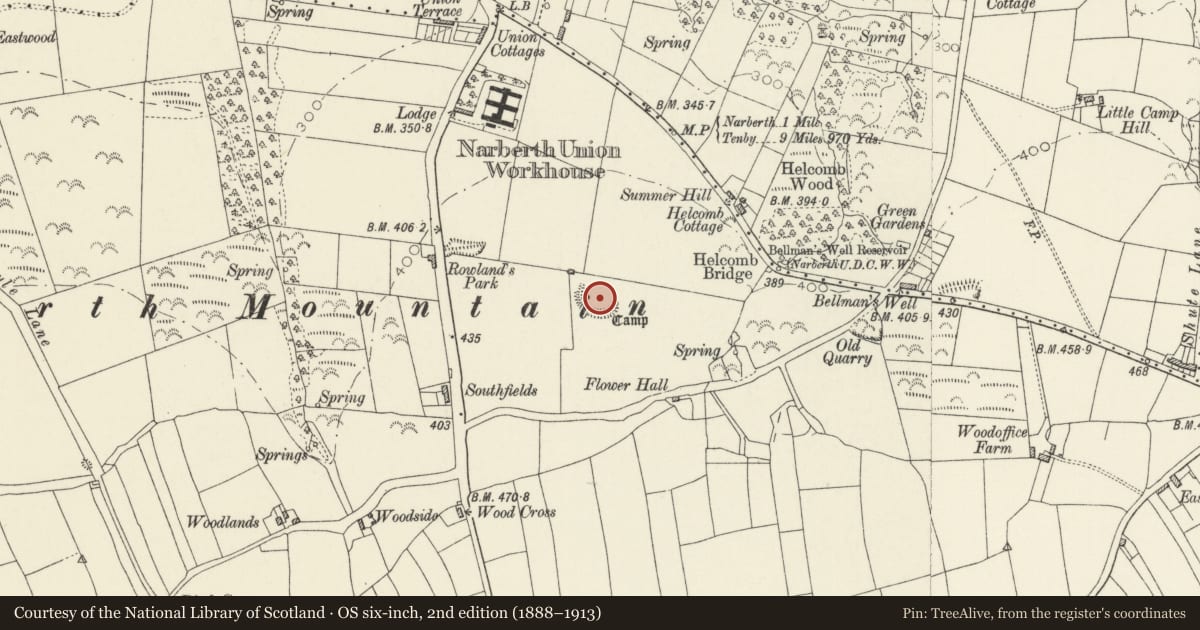Ordnance Survey six-inch map, 2nd edition (1888–1913) covering the location of Narberth Mountain Enclosure, Templeton, Pembrokeshire, with a pin at the register's coordinates
