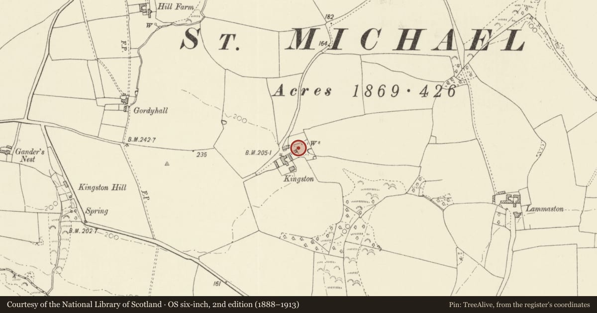 Ordnance Survey six-inch map, 2nd edition (1888–1913) covering the location of Medieval Building at Kingston Farm, Pembroke, Pembrokeshire, with a pin at the register's coordinates