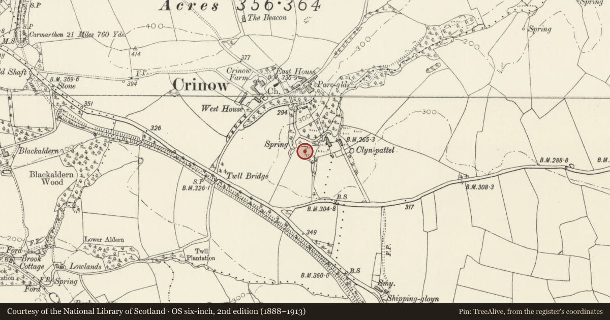 Ordnance Survey six-inch map, 2nd edition (1888–1913) covering the location of Clyn Pattel Motte & Bailey, Narberth, Pembrokeshire, with a pin at the register's coordinates