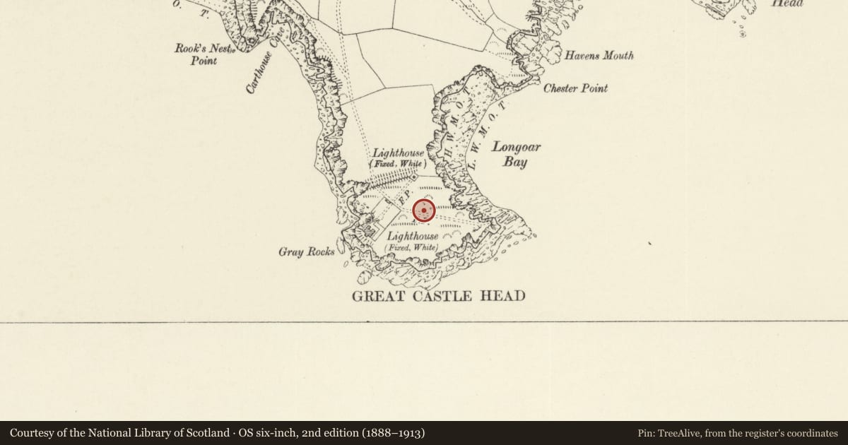 Ordnance Survey six-inch map, 2nd edition (1888–1913) covering the location of Promontory Fort on Great Castle Head, St. Ishmael's, Pembrokeshire, with a pin at the register's coordinates