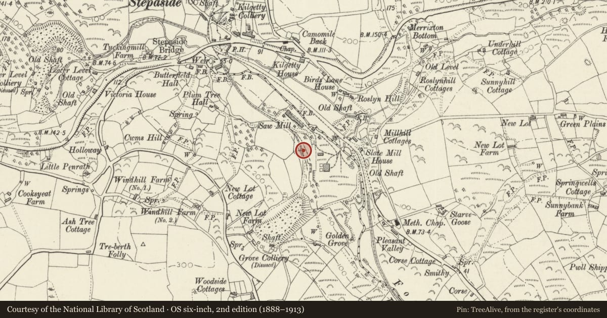 Ordnance Survey six-inch map, 2nd edition (1888–1913) covering the location of Stepaside/Kilgetty Ironworks, Kilgetty/Begelly, Pembrokeshire, with a pin at the register's coordinates