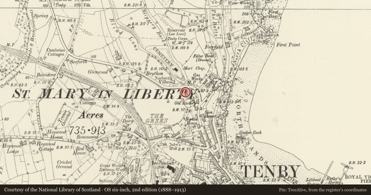 Ordnance Survey six-inch map, 2nd edition (1888–1913) covering the location of Tenby Market Cross, Pembrokeshire, with a pin at the register's coordinates