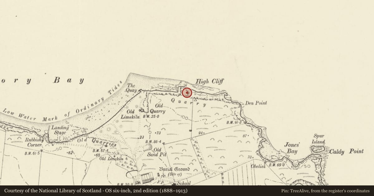 Ordnance Survey six-inch map, 2nd edition (1888–1913) covering the location of Potter`s Cave, Tenby, Pembrokeshire, with a pin at the register's coordinates