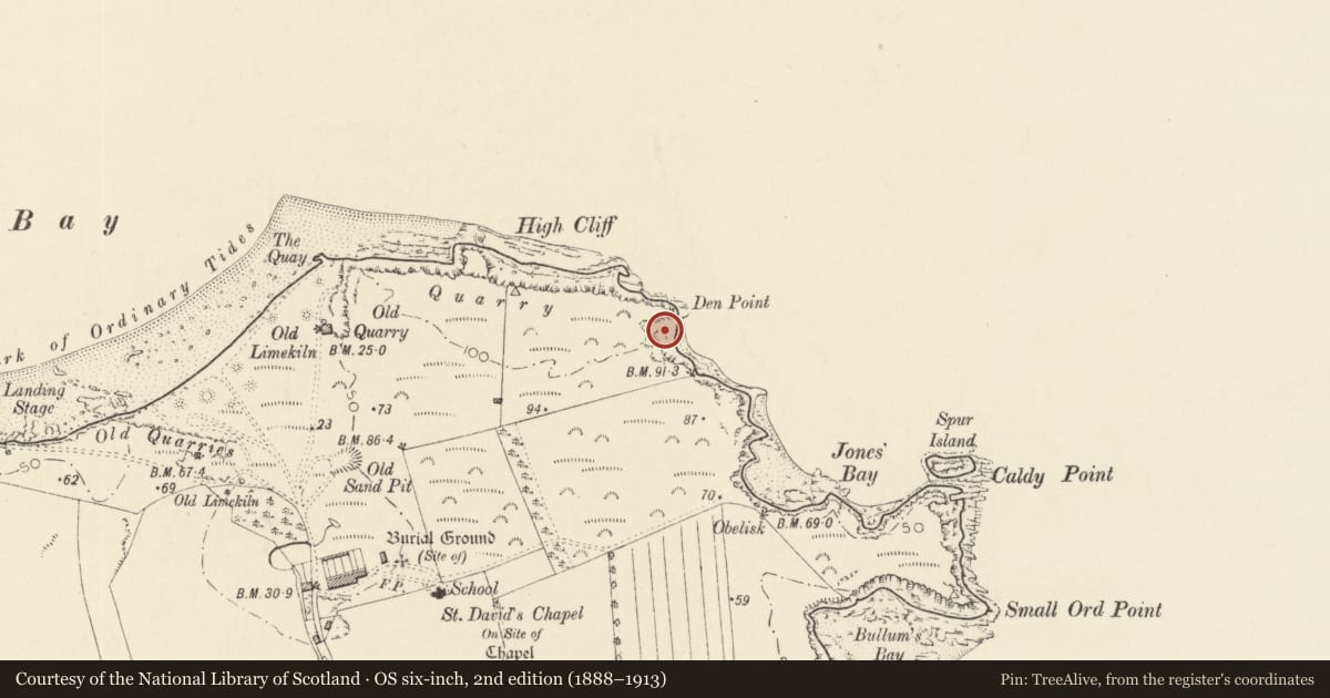 Ordnance Survey six-inch map, 2nd edition (1888–1913) covering the location of Nanna's Cave, Tenby, Pembrokeshire, with a pin at the register's coordinates