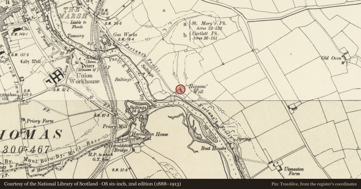 Ordnance Survey six-inch map, 2nd edition (1888–1913) covering the location of Higgons Well, Uzmaston, Boulston and Slebech, Pembrokeshire, with a pin at the register's coordinates