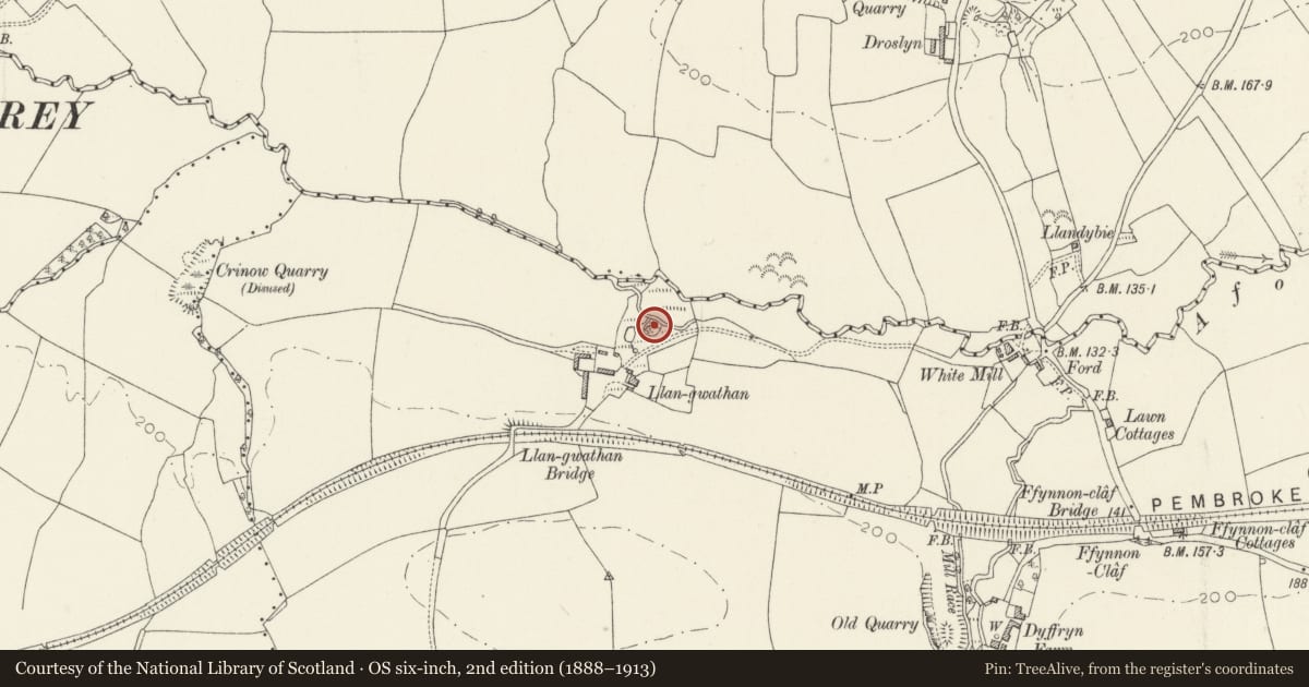 Ordnance Survey six-inch map, 2nd edition (1888–1913) covering the location of Llangwathan Castle Mound, Lampeter Velfrey, Pembrokeshire, with a pin at the register's coordinates