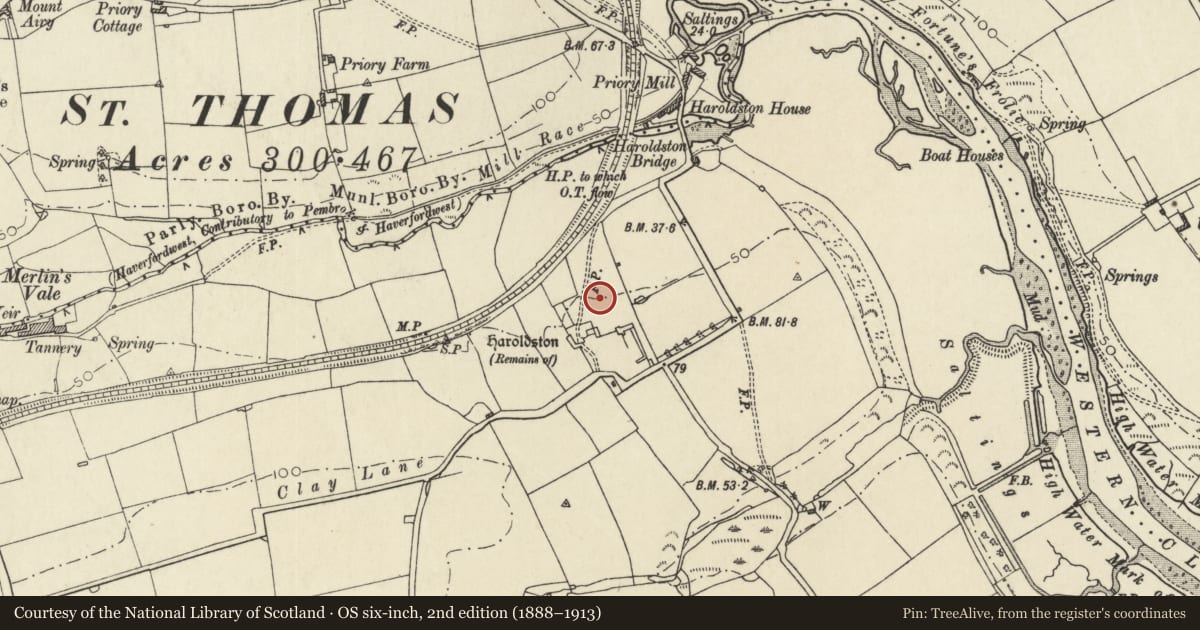 Ordnance Survey six-inch map, 2nd edition (1888–1913) covering the location of Haroldston House and Gardens, Merlin's Bridge, Pembrokeshire, with a pin at the register's coordinates