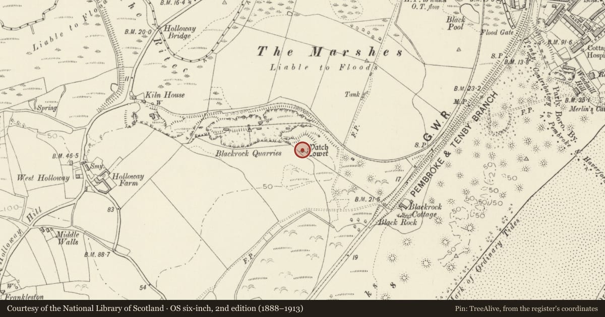 Ordnance Survey six-inch map, 2nd edition (1888–1913) covering the location of The Watchtower, Penally, Pembrokeshire, with a pin at the register's coordinates