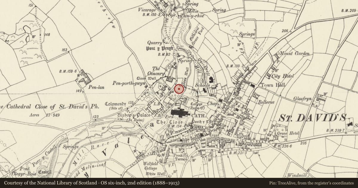 Ordnance Survey six-inch map, 2nd edition (1888–1913) covering the location of St Davids Cathedral Close: Archdeacon of Cardigans Ground, St. David's and the Cathedral Close, Pembrokeshire, with a pin at the register's coordinates