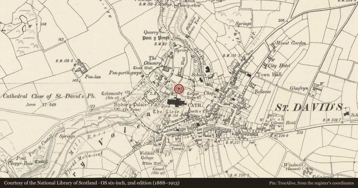 Ordnance Survey six-inch map, 2nd edition (1888–1913) covering the location of St Davids Cathedral Close: Cloister Hall (Undercroft only), St. David's and the Cathedral Close, Pembrokeshire, with a pin at the register's coordinates