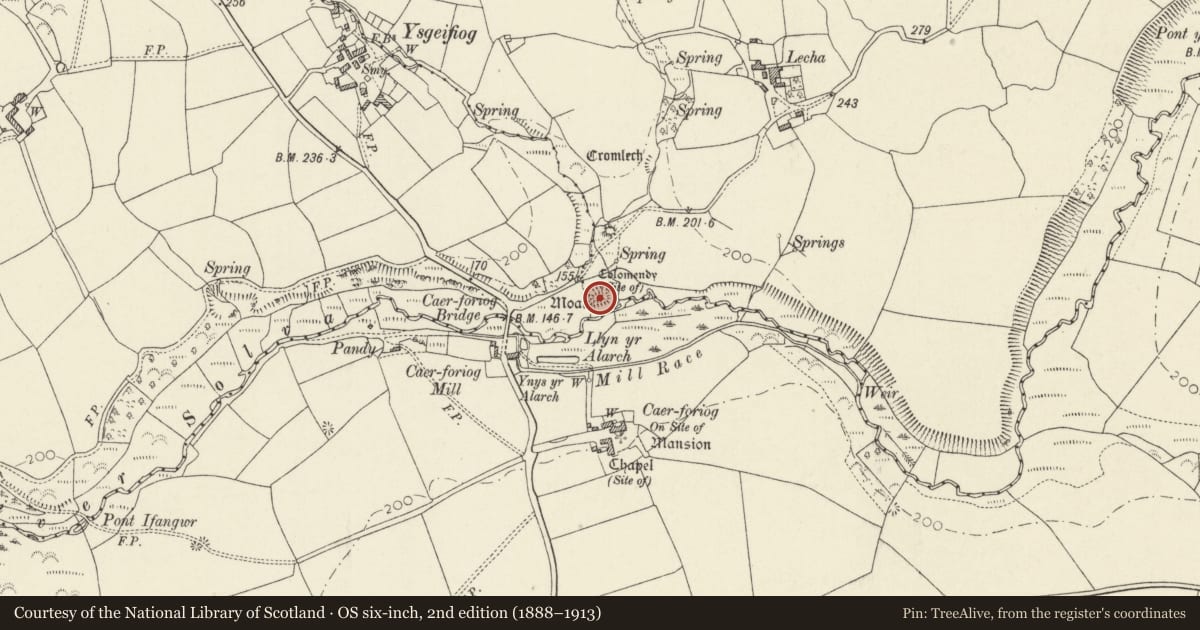 Ordnance Survey six-inch map, 2nd edition (1888–1913) covering the location of Moated Site 100m East of Caeforiog Bridge, Llanrhian, Pembrokeshire, with a pin at the register's coordinates