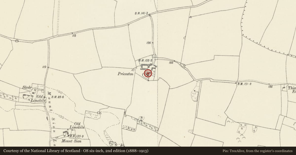 Ordnance Survey six-inch map, 2nd edition (1888–1913) covering the location of Pricaston Farmhouse, Castlemartin, Pembrokeshire, with a pin at the register's coordinates