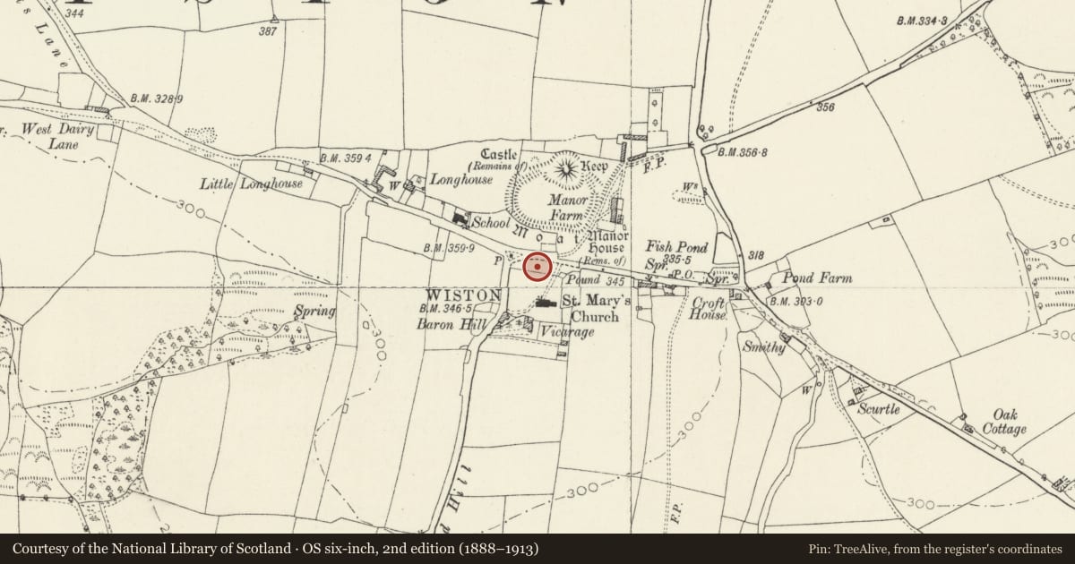 Ordnance Survey six-inch map, 2nd edition (1888–1913) covering the location of House Platforms N of St. Mary's Churchyard, Wiston, Pembrokeshire, with a pin at the register's coordinates
