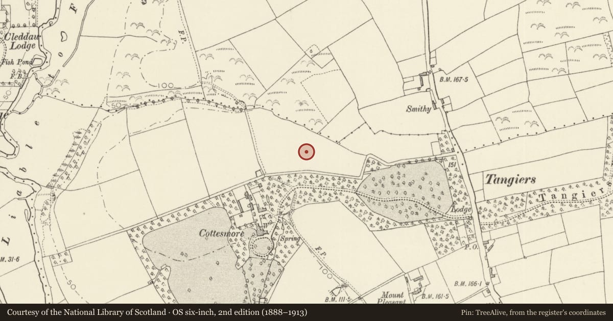 Ordnance Survey six-inch map, 2nd edition (1888–1913) covering the location of Pit Circle 250m NE of Cottesmore Farm, Rudbaxton, Pembrokeshire, with a pin at the register's coordinates