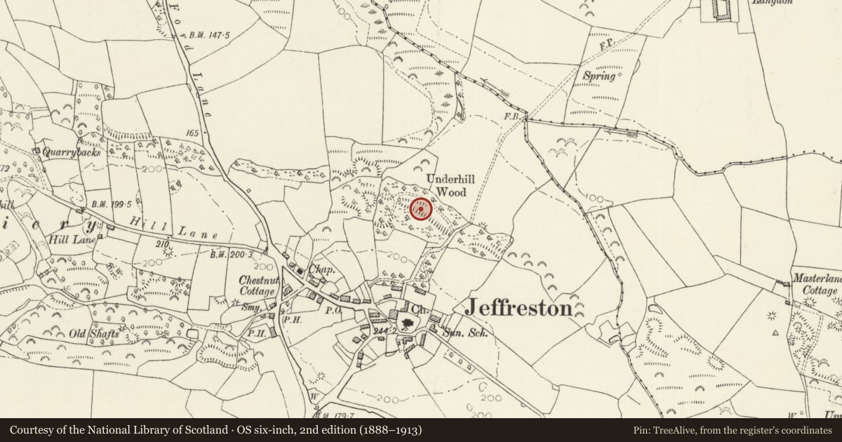 Ordnance Survey six-inch map, 2nd edition (1888–1913) covering the location of Underhill Wood Primitive Coal Workings, Jeffreyston, Pembrokeshire, with a pin at the register's coordinates
