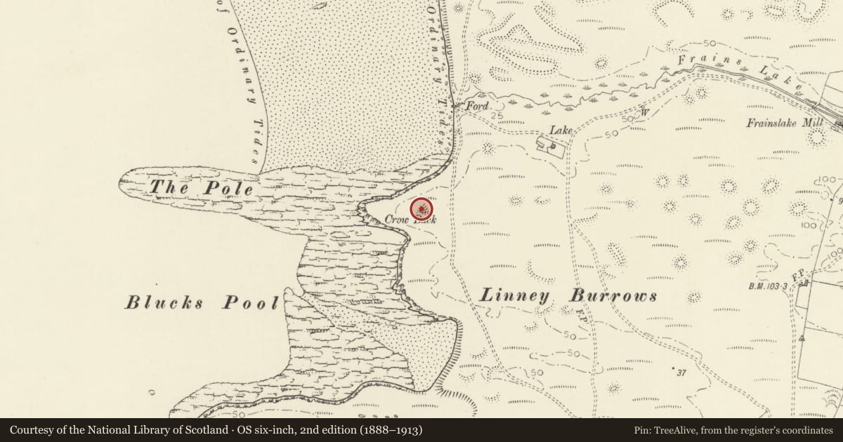 Ordnance Survey six-inch map, 2nd edition (1888–1913) covering the location of Crow Back Tumulus, Castlemartin, Pembrokeshire, with a pin at the register's coordinates