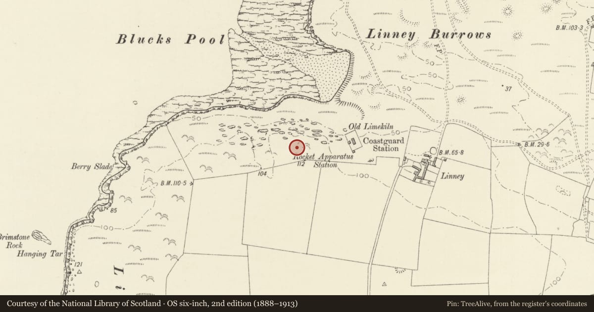 Ordnance Survey six-inch map, 2nd edition (1888–1913) covering the location of Linney Head Tumulus, Castlemartin, Pembrokeshire, with a pin at the register's coordinates