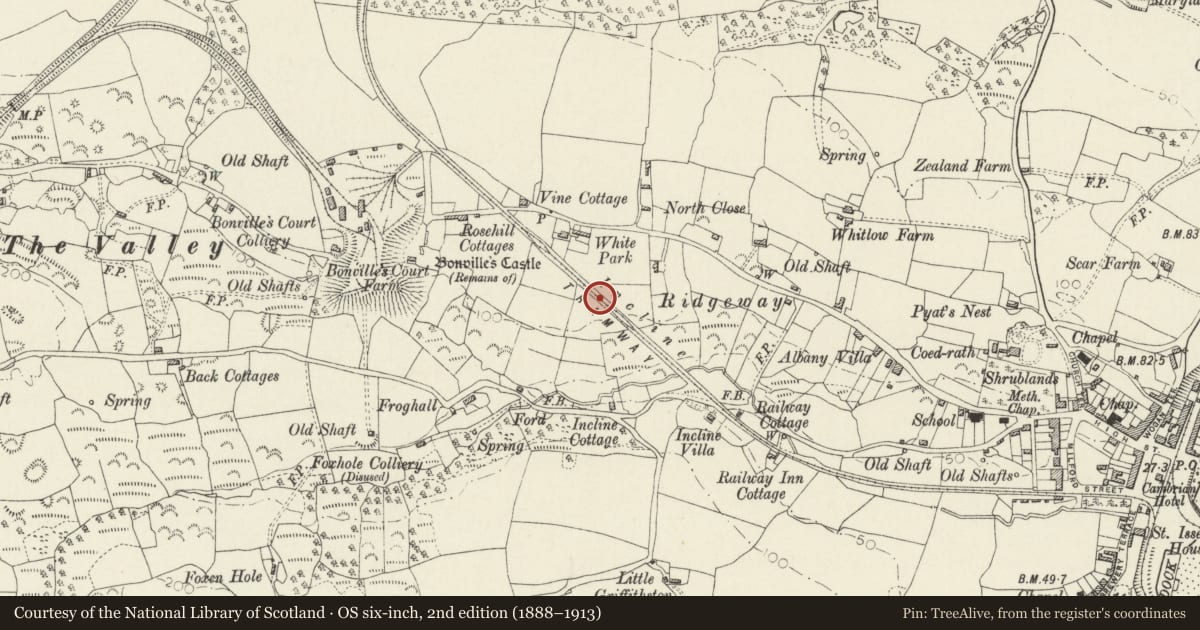Ordnance Survey six-inch map, 2nd edition (1888–1913) covering the location of Tramroad Incline at Saundersfoot, Pembrokeshire, with a pin at the register's coordinates