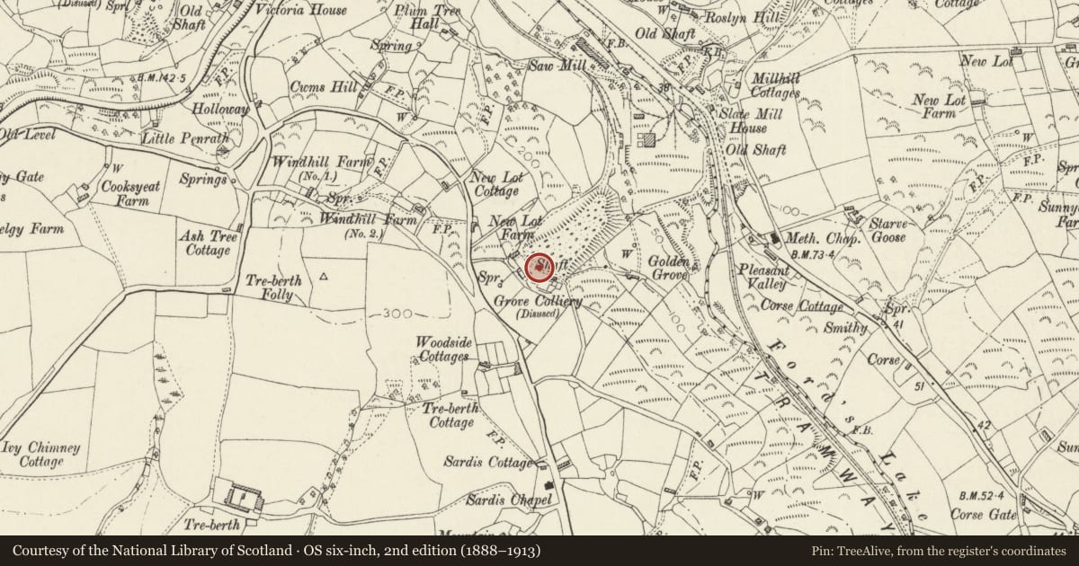 Ordnance Survey six-inch map, 2nd edition (1888–1913) covering the location of Grove Colliery, Kilgetty/Begelly, Pembrokeshire, with a pin at the register's coordinates