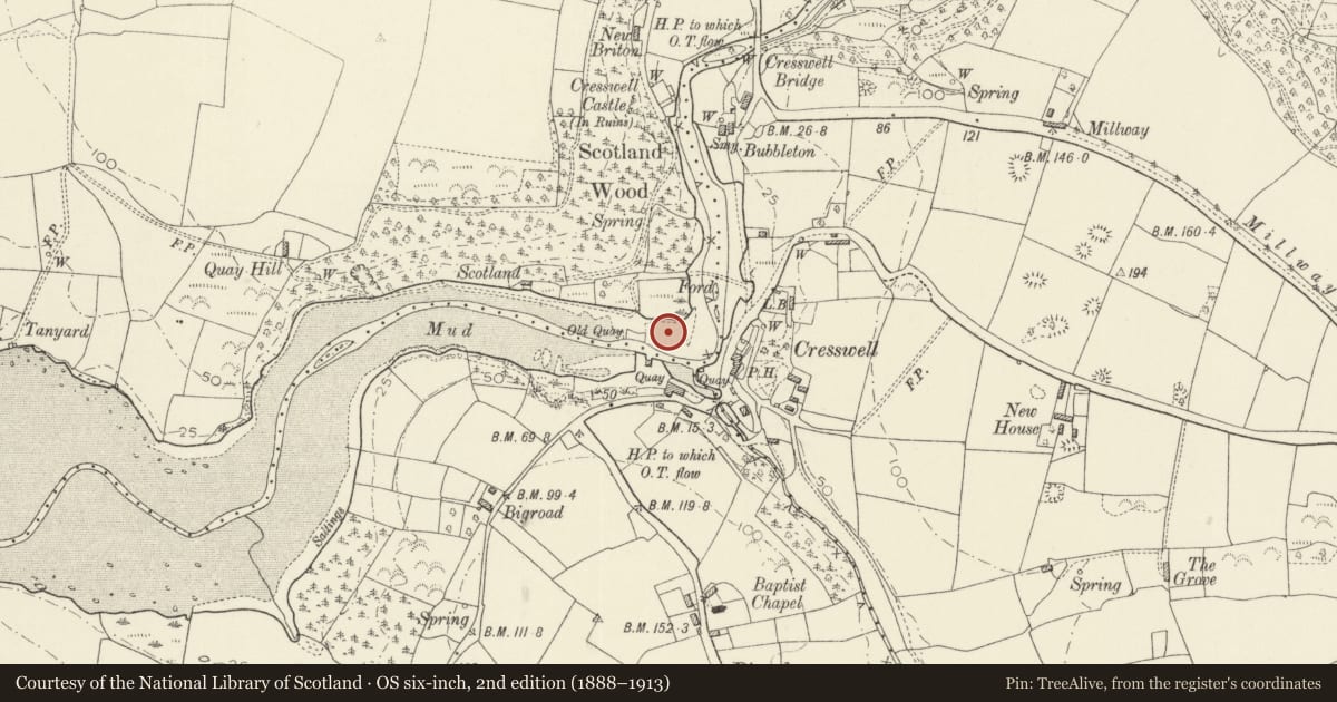 Ordnance Survey six-inch map, 2nd edition (1888–1913) covering the location of Cresswell Quay, Martletwy, Pembrokeshire, with a pin at the register's coordinates
