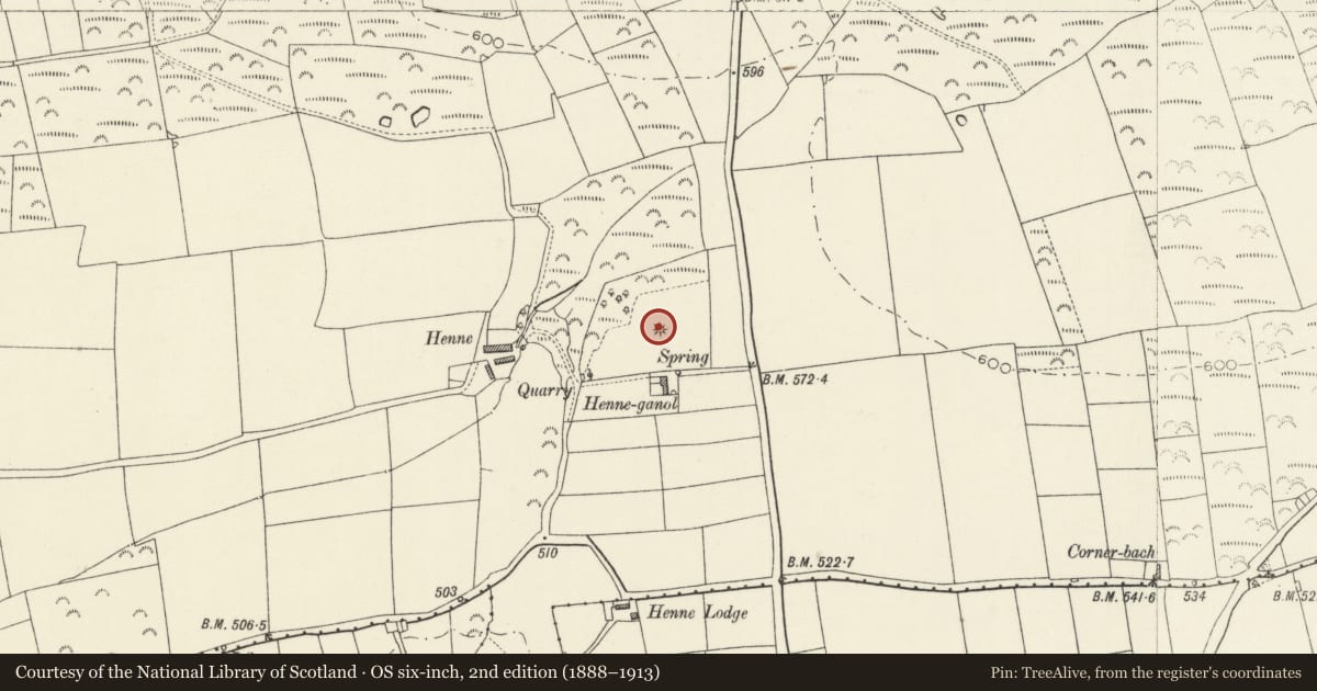 Ordnance Survey six-inch map, 2nd edition (1888–1913) covering the location of Parc Castell Round Barrow, Puncheston, Pembrokeshire, with a pin at the register's coordinates