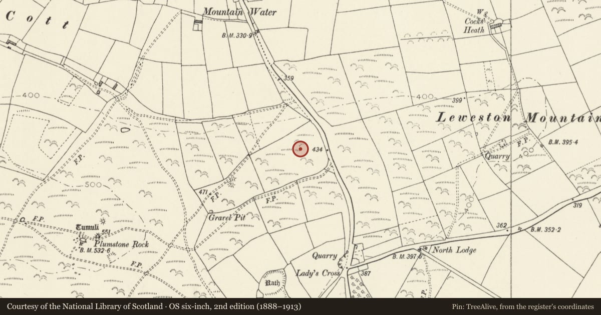 Ordnance Survey six-inch map, 2nd edition (1888–1913) covering the location of Plumstone Mountain Round Barrow (East), Camrose, Pembrokeshire, with a pin at the register's coordinates