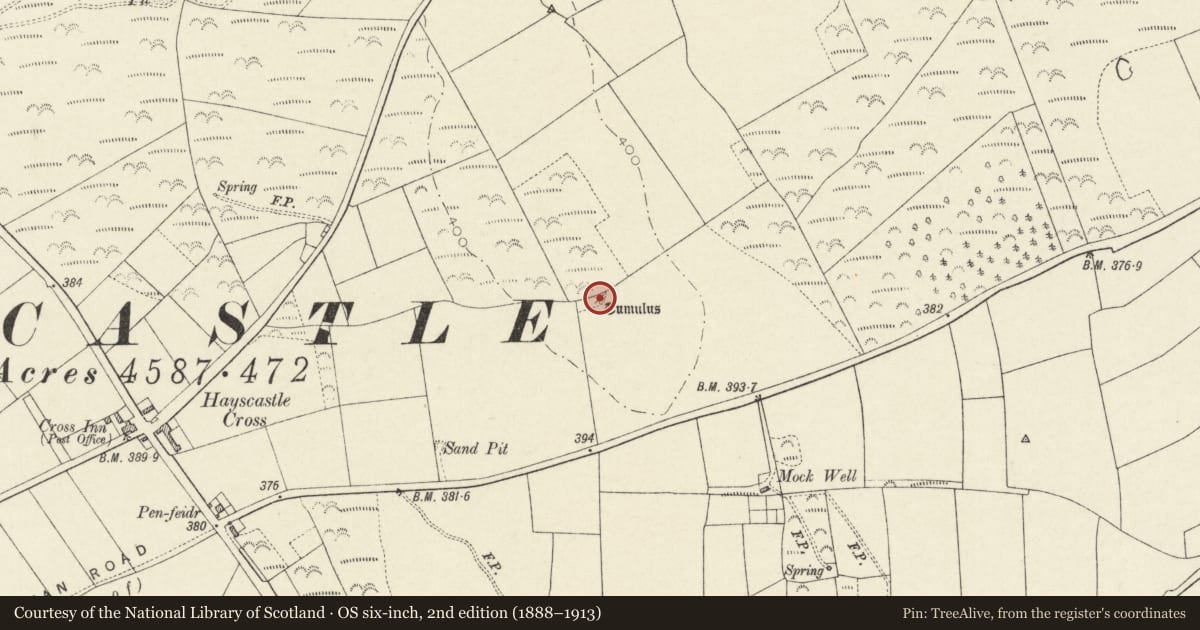 Ordnance Survey six-inch map, 2nd edition (1888–1913) covering the location of Round Barrow 370m NW of Mockwell, Hayscastle, Pembrokeshire, with a pin at the register's coordinates