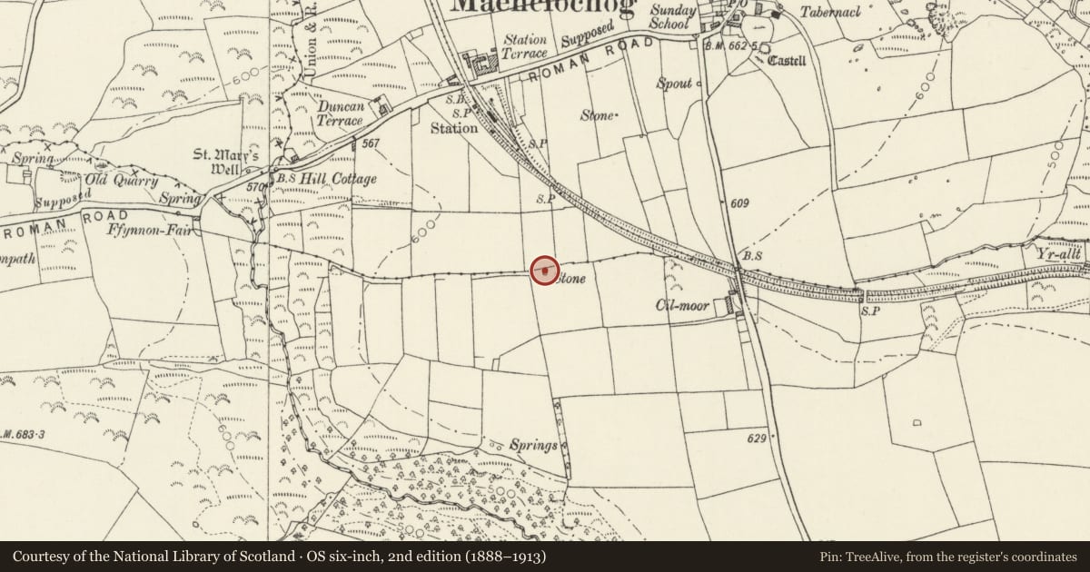 Ordnance Survey six-inch map, 2nd edition (1888–1913) covering the location of Standing Stone 300m WNW of Cilmoor, Maenclochog, Pembrokeshire, with a pin at the register's coordinates