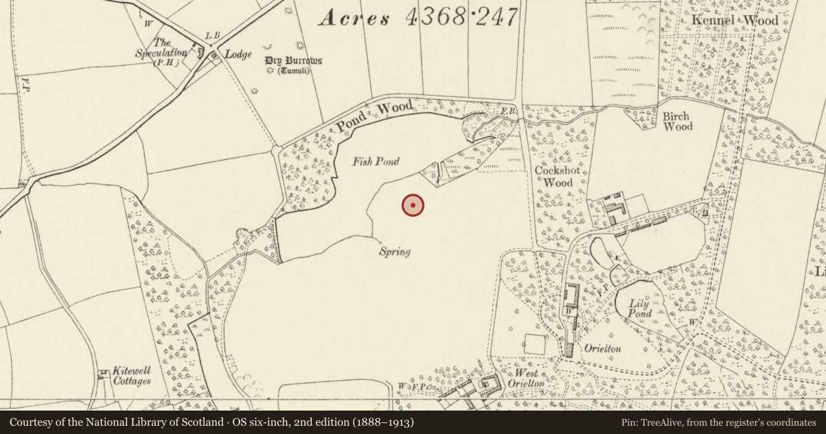Ordnance Survey six-inch map, 2nd edition (1888–1913) covering the location of Round Barrow 400m N of West Orielton, Hundleton, Pembrokeshire, with a pin at the register's coordinates