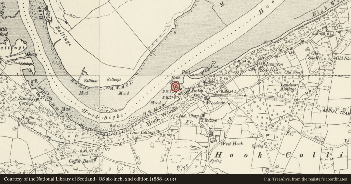 Ordnance Survey six-inch map, 2nd edition (1888–1913) covering the location of Hook Quay, Llangwm, Pembrokeshire, with a pin at the register's coordinates
