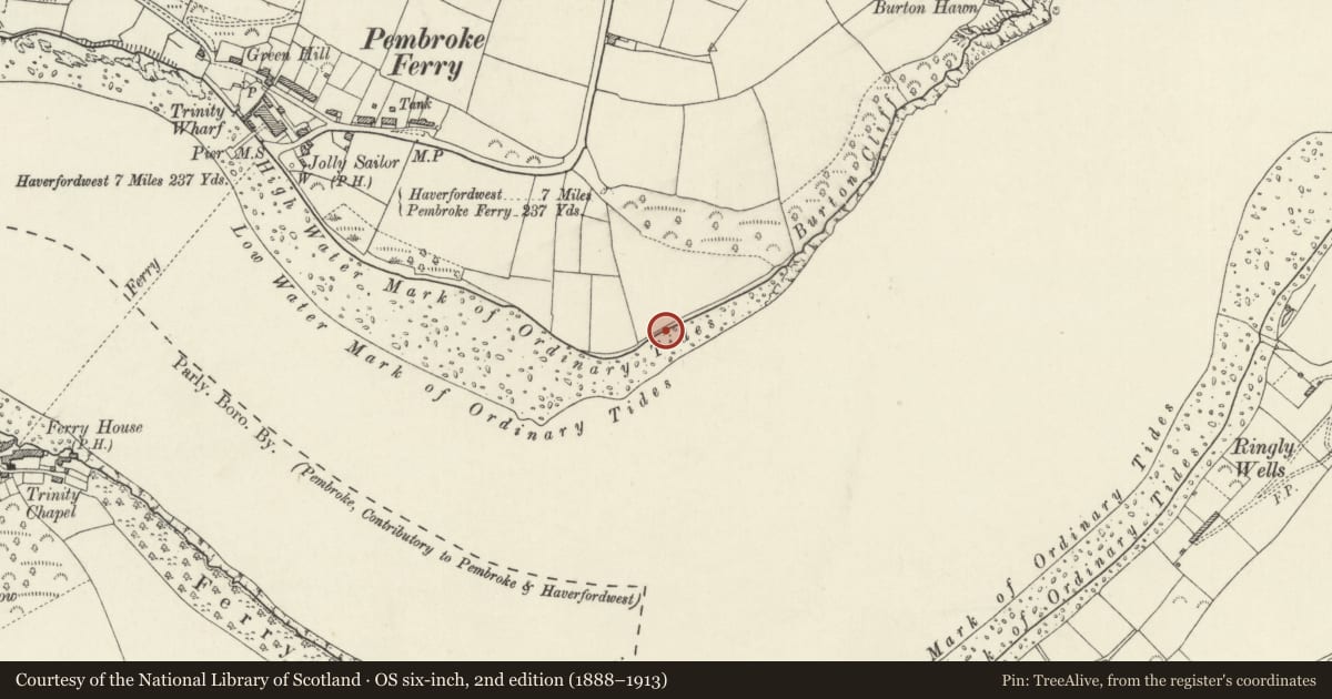 Ordnance Survey six-inch map, 2nd edition (1888–1913) covering the location of Burton Beach Overlord Hard, Pembrokeshire, with a pin at the register's coordinates
