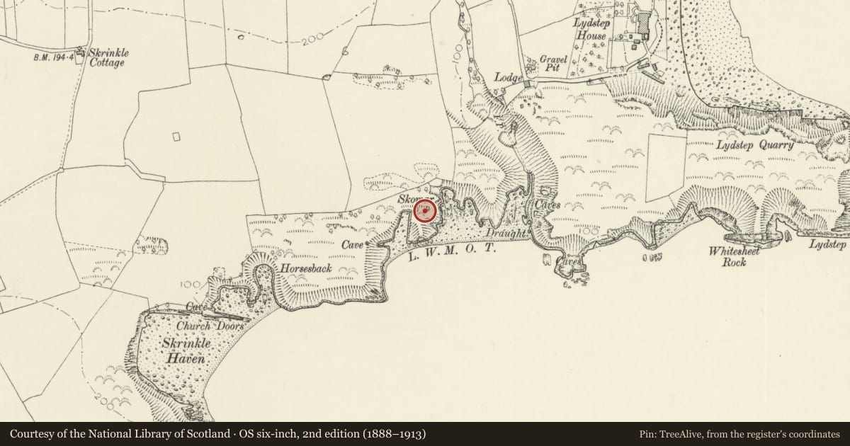 Ordnance Survey six-inch map, 2nd edition (1888–1913) covering the location of Skomar Defended Enclosure, Manorbier, Pembrokeshire, with a pin at the register's coordinates
