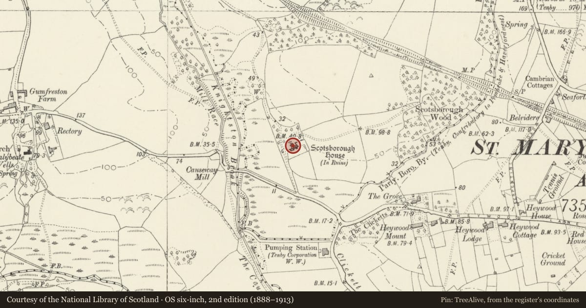 Ordnance Survey six-inch map, 2nd edition (1888–1913) covering the location of Scotsborough House Ruins, St. Mary Out Liberty, Pembrokeshire, with a pin at the register's coordinates