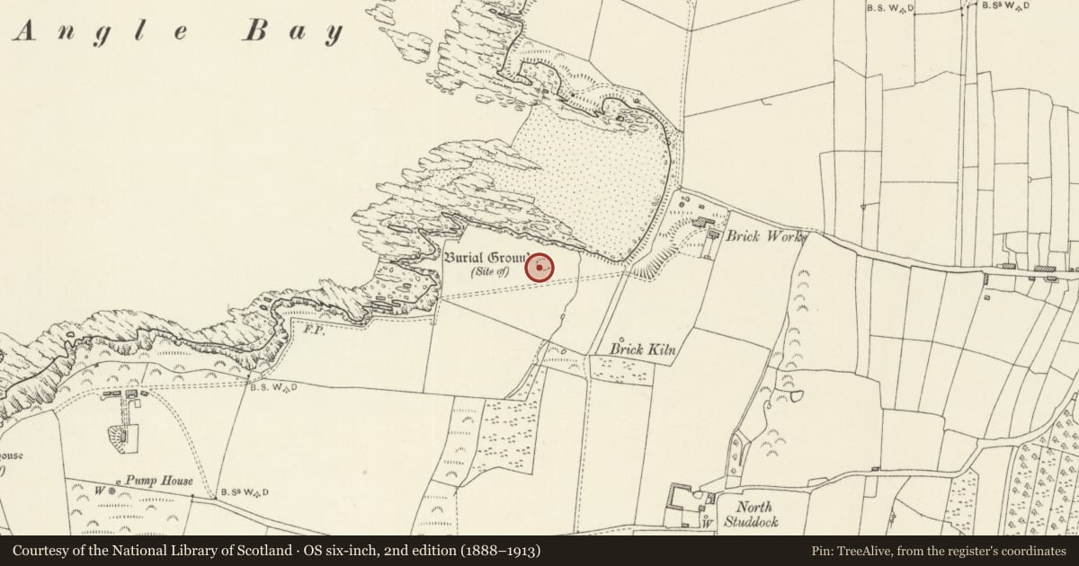 Ordnance Survey six-inch map, 2nd edition (1888–1913) covering the location of West Angle Bay Early Medieval Settlement, Pembrokeshire, with a pin at the register's coordinates