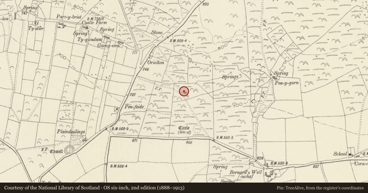 Ordnance Survey six-inch map, 2nd edition (1888–1913) covering the location of Defended Enclosure 400m ESE of Pen-Feidr, Puncheston, Pembrokeshire, with a pin at the register's coordinates