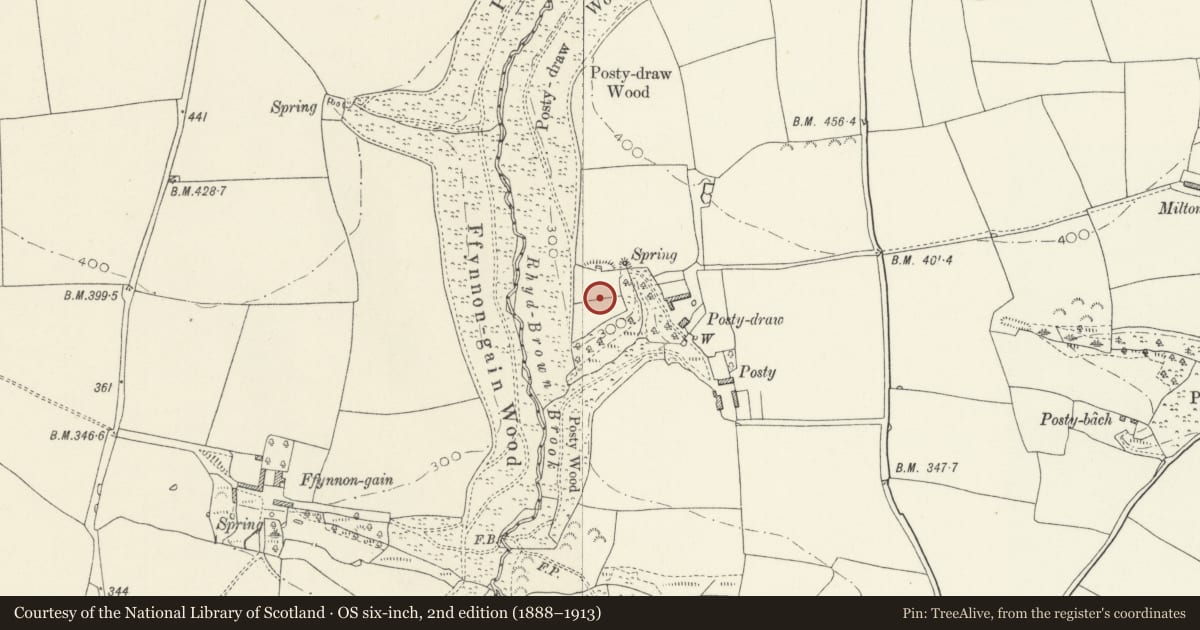 Ordnance Survey six-inch map, 2nd edition (1888–1913) covering the location of Posty Defended Enclosure, New Moat, Pembrokeshire, with a pin at the register's coordinates