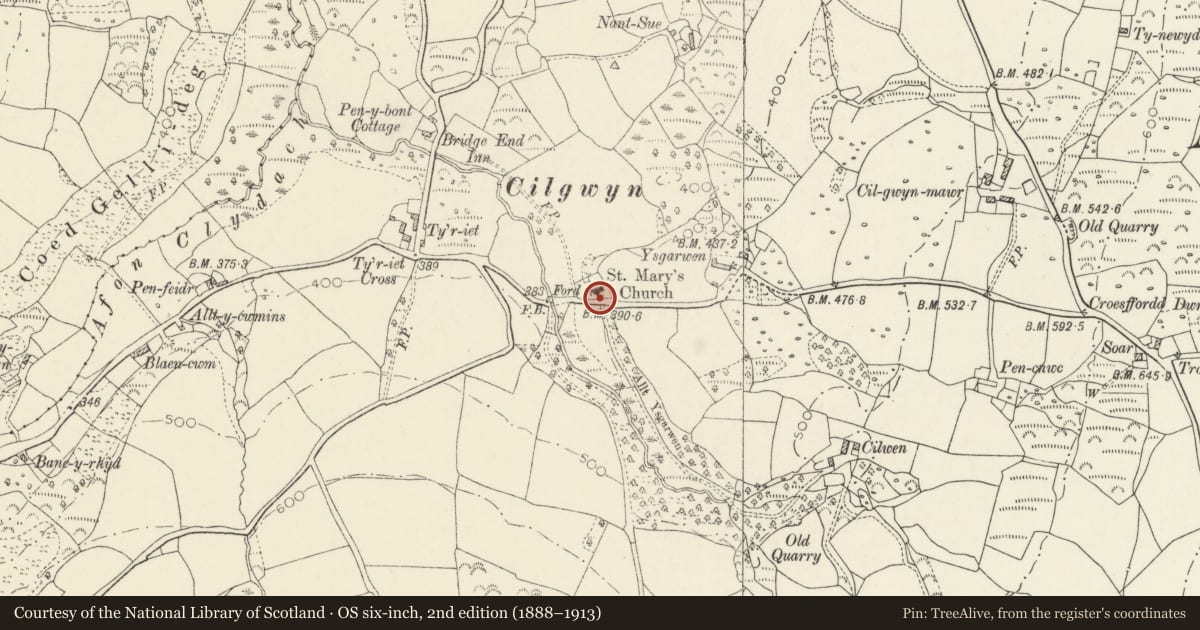 Ordnance Survey six-inch map, 2nd edition (1888–1913) covering the location of Cilgwyn, cross-inscribed stone at Cilfair, Nevern, Pembrokeshire, with a pin at the register's coordinates