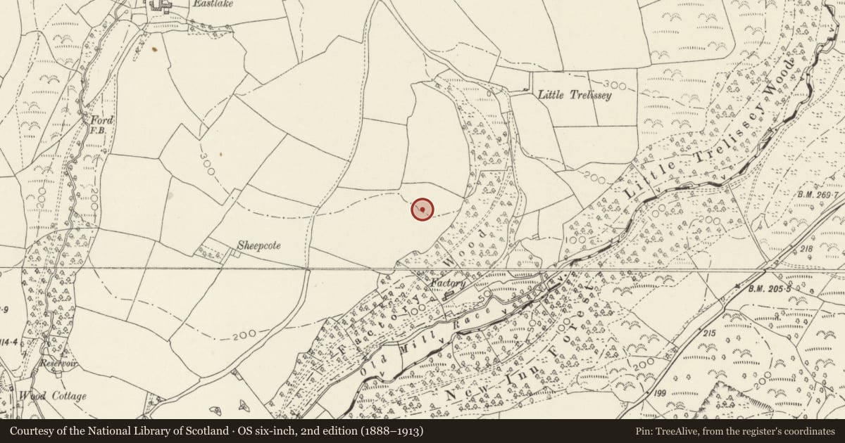 Ordnance Survey six-inch map, 2nd edition (1888–1913) covering the location of Trelessy Defended Enclosure, Amroth, Pembrokeshire, with a pin at the register's coordinates