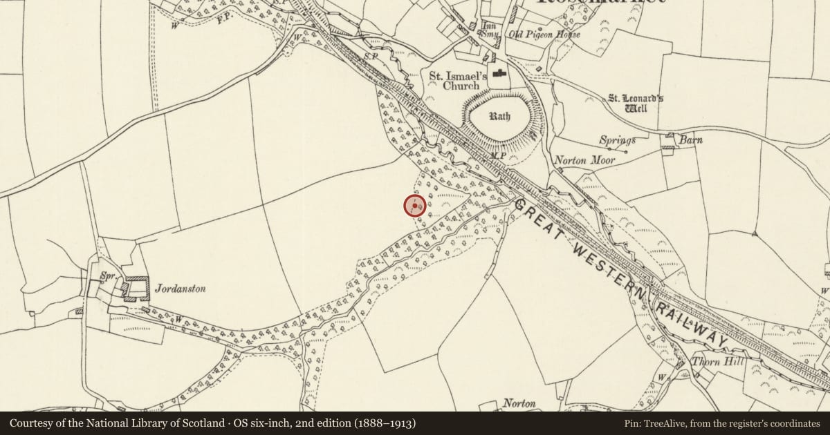 Ordnance Survey six-inch map, 2nd edition (1888–1913) covering the location of Jordanston Farm Promontory Fort, Llanstadwell, Pembrokeshire, with a pin at the register's coordinates