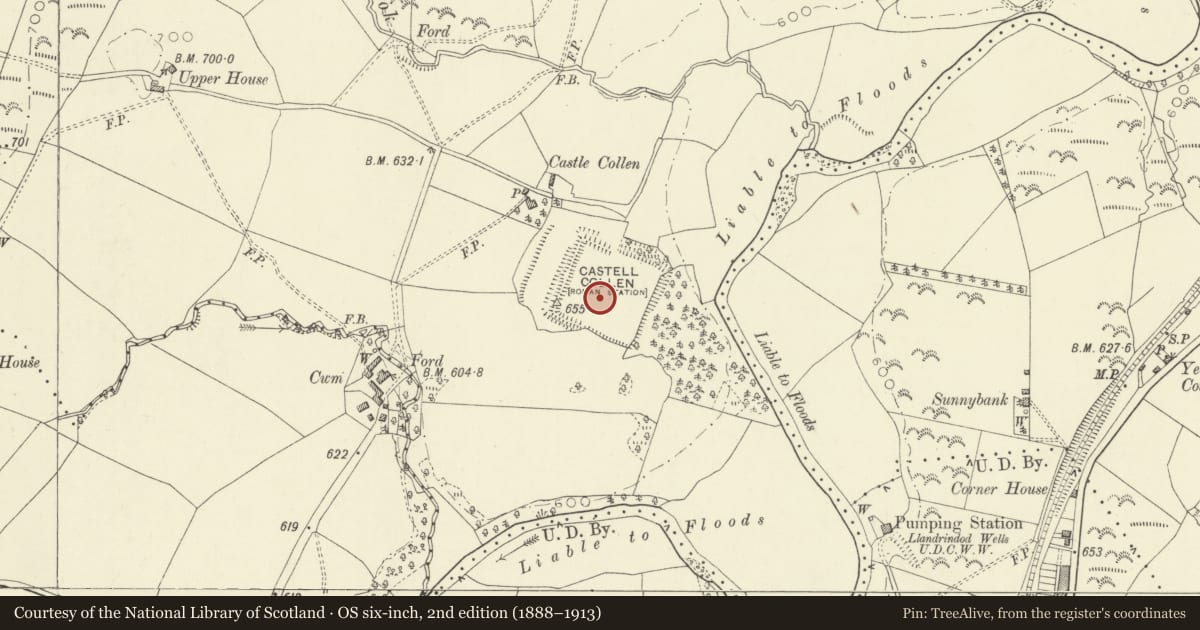 Ordnance Survey six-inch map, 2nd edition (1888–1913) covering the location of Castell Collen, Llanyre, Powys, with a pin at the register's coordinates